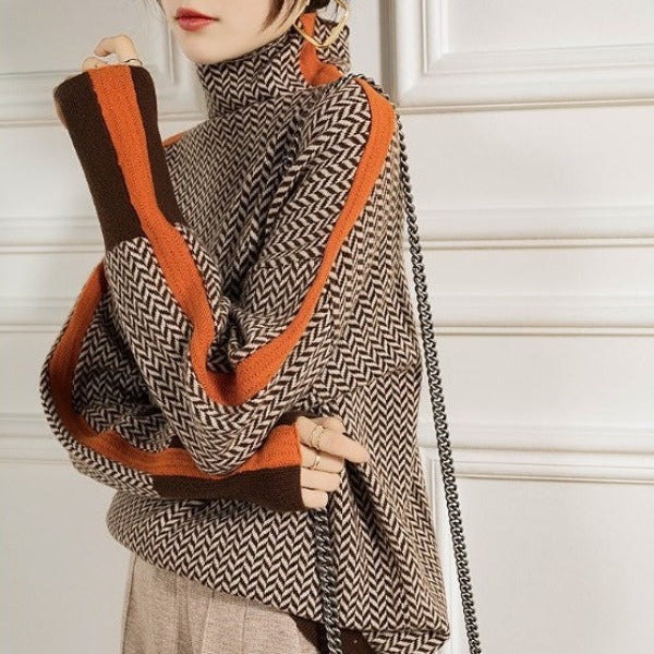 Eleanor | Sweter z wysokim kołnierzem w jodełkę