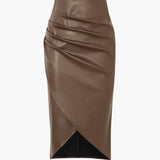 Edwina | Midi spódnica z sztucznej skóry z asymetrycznym wyglądem