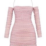 Valentina - Damska Mini Sukienka Off-Shoulder z Plisowaniem i Strassami