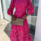 Magdalena | Sukienka Koronkowa z Bufkami i Wysokim Dekoltem