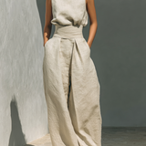 Maria - Minimalist Set in Cotton and Linen with Sleeveless Top and Wide-Leg Trousers