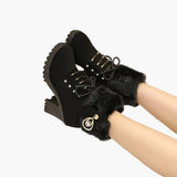 Damskie zimowe botki na obcasie z sznurówkami i kołnierzem z sztucznego futra – Eleganckie buty na zewnątrz na zimne dni