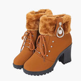 Damskie zimowe botki na obcasie z sznurówkami i kołnierzem z sztucznego futra – Eleganckie buty na zewnątrz na zimne dni