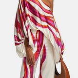 Zarelle | Elegancki Satynowy Komplet z Asymetrycznym Topem i Szerokimi Spodniami