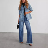 Mona | Stylowe szare jeansy damskie wide leg z nieobszytym dołem