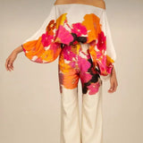 Zarelle | Elegancki Satynowy Komplet z Asymetrycznym Topem i Szerokimi Spodniami