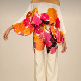 Zarelle | Elegancki Satynowy Komplet z Asymetrycznym Topem i Szerokimi Spodniami