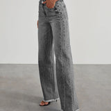 Mona | Stylowe szare jeansy damskie wide leg z nieobszytym dołem