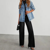 Mona | Stylowe szare jeansy damskie wide leg z nieobszytym dołem