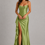 Elwira | Damska sukienka maxi z satynowym wykończeniem i drapowaniem