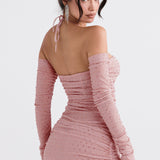 Valentina - Damska Mini Sukienka Off-Shoulder z Plisowaniem i Strassami