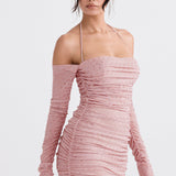 Valentina - Damska Mini Sukienka Off-Shoulder z Plisowaniem i Strassami