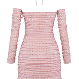 Valentina - Damska Mini Sukienka Off-Shoulder z Plisowaniem i Strassami